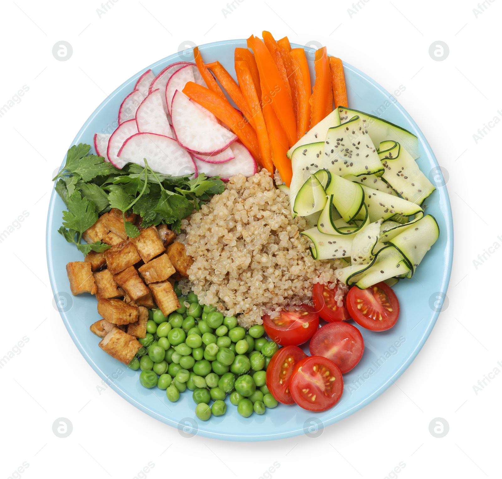 Different healthy vegetarian food isolated on white, top view Photo of Different healthy vegetarian food isolated on white, top view
