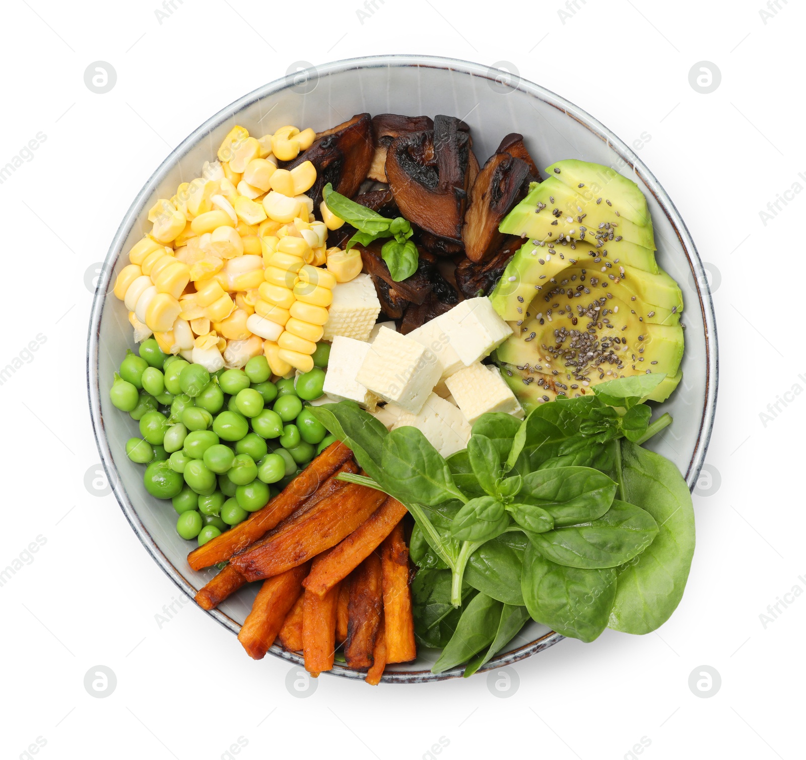 Different healthy vegetarian food isolated on white, top view Photo of Different healthy vegetarian food isolated on white, top view