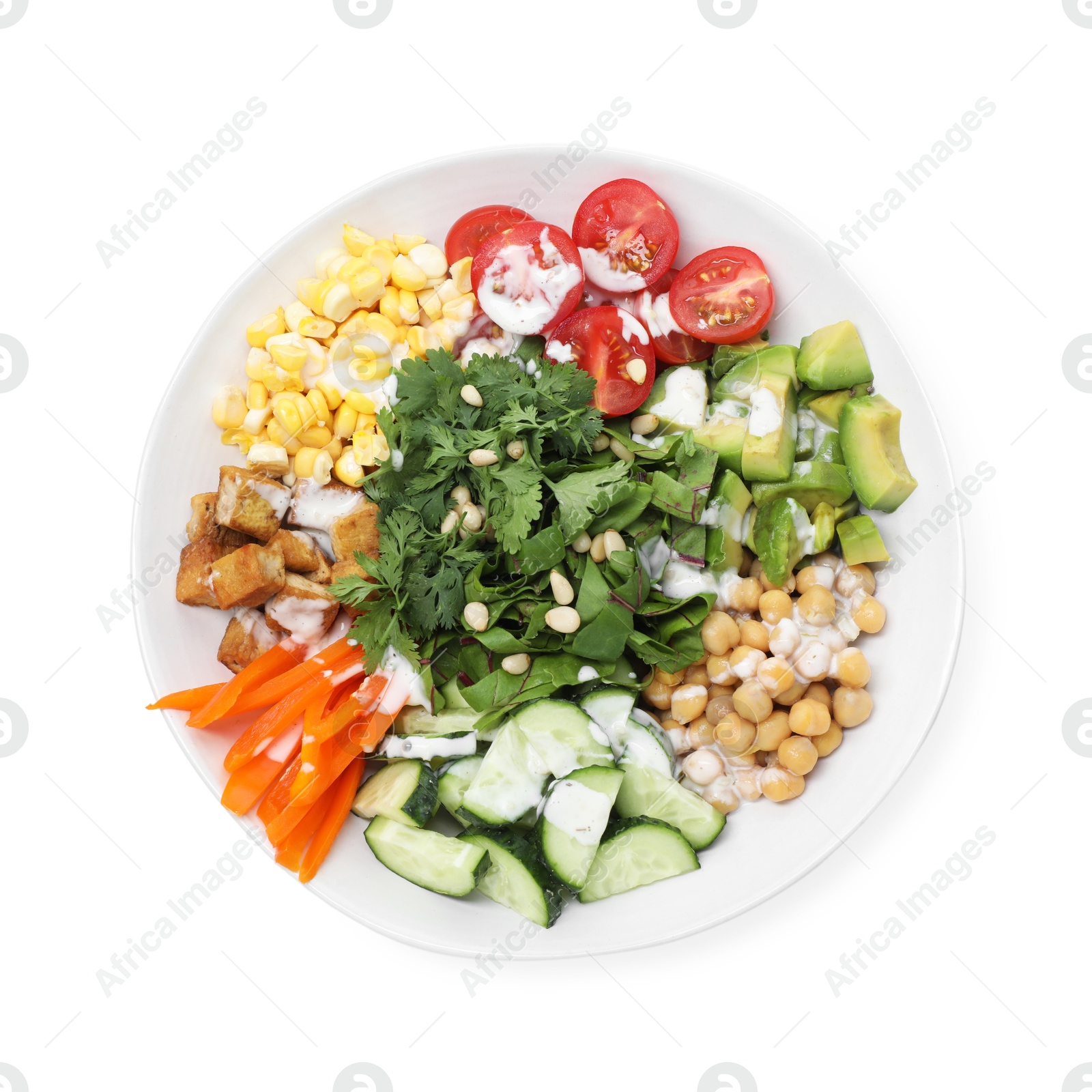 Different healthy vegetarian food isolated on white, top view Photo of Different healthy vegetarian food isolated on white, top view