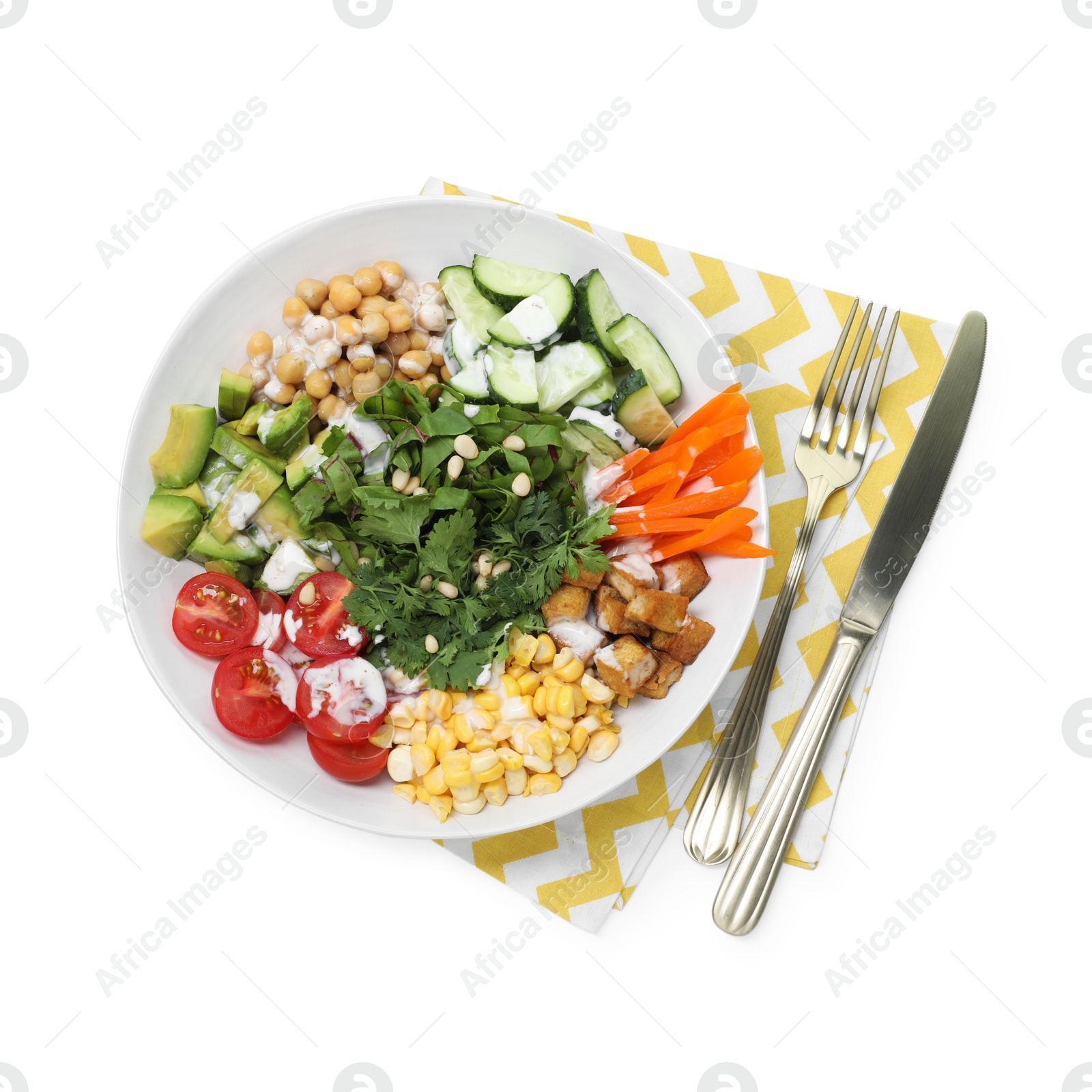 Different healthy vegetarian food and cutlery isolated on white, top view Photo of Different healthy vegetarian food and cutlery isolated on white, top view