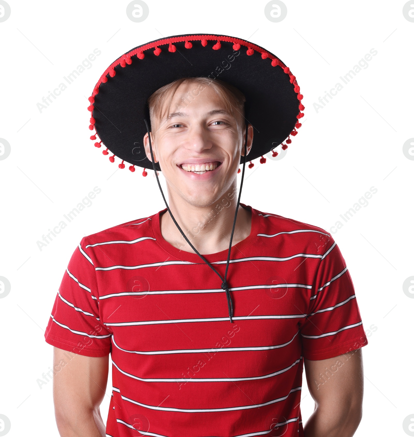 Portrait of smiling man in black Flamenco hat on white background Photo of Portrait of smiling man in black Flamenco hat on white background