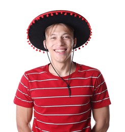 Photo of Portrait of smiling man in black Flamenco hat on white background