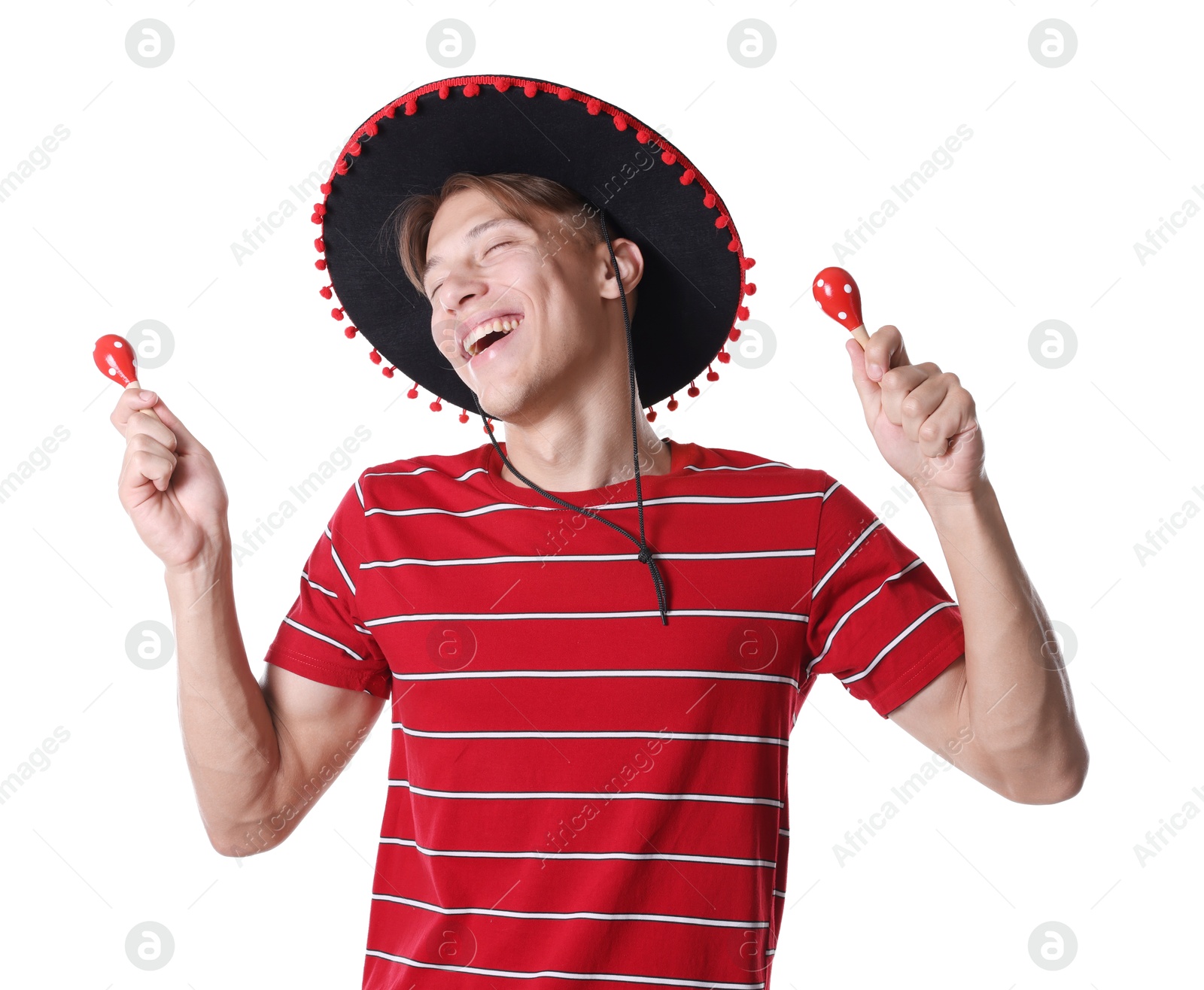Happy man in black Flamenco hat playing maracas and singing on white background Photo of Happy man in black Flamenco hat playing maracas and singing on white background