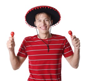 Photo of Happy man in black Flamenco hat playing maracas on white background