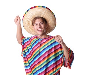 Photo of Smiling man in sombrero hat and colorful poncho dancing on white background