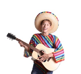 Photo of Smiling man in sombrero hat and colorful poncho playing guitar on white background