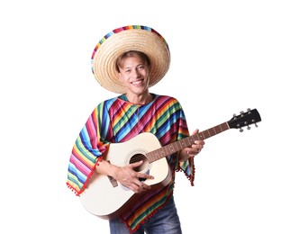 Photo of Smiling man in sombrero hat and colorful poncho playing guitar on white background