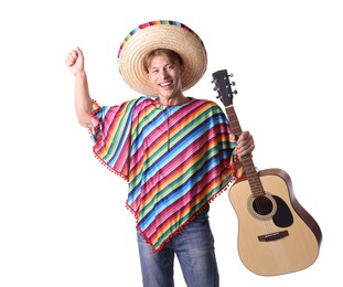 Photo of Smiling man in sombrero hat and colorful poncho with guitar on white background
