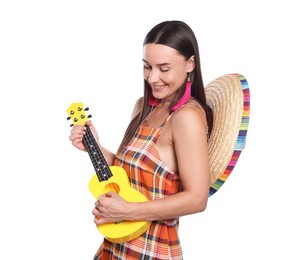 Photo of Smiling woman with sombrero hat playing ukulele on white background