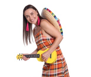 Photo of Smiling woman with sombrero hat playing ukulele on white background