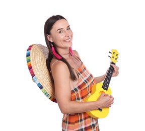Photo of Smiling woman with sombrero hat playing ukulele on white background