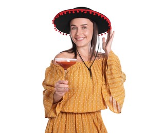 Photo of Smiling woman in black Flamenco hat and dress with cocktail on white background