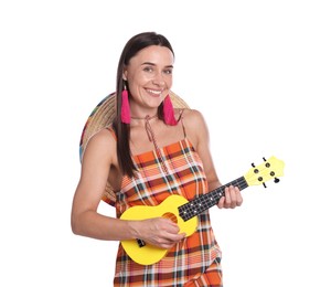 Photo of Smiling woman with sombrero hat playing ukulele on white background