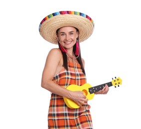 Photo of Smiling woman in sombrero hat playing ukulele on white background