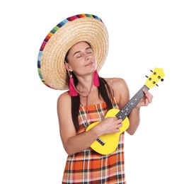 Photo of Beautiful woman in sombrero hat playing ukulele on white background
