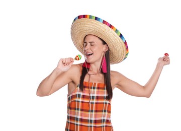Photo of Smiling woman in sombrero hat with maracas singing on white background