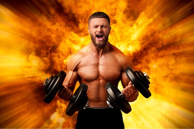 Image of Bodybuilder exercising with dumbbells. Fire behind muscular man