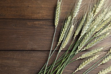 Photo of Green wheat spikes on wooden table, flat lay. Space for text