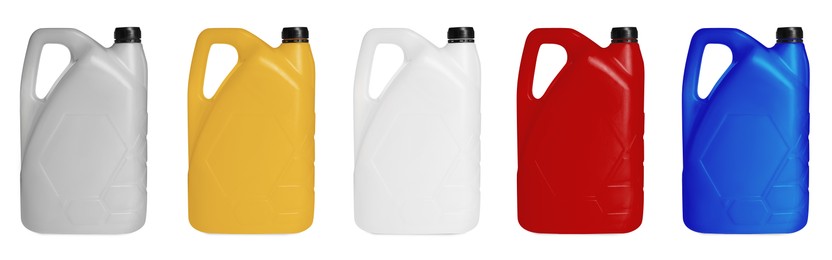 Image of Plastic canisters in different colors isolated on white, set