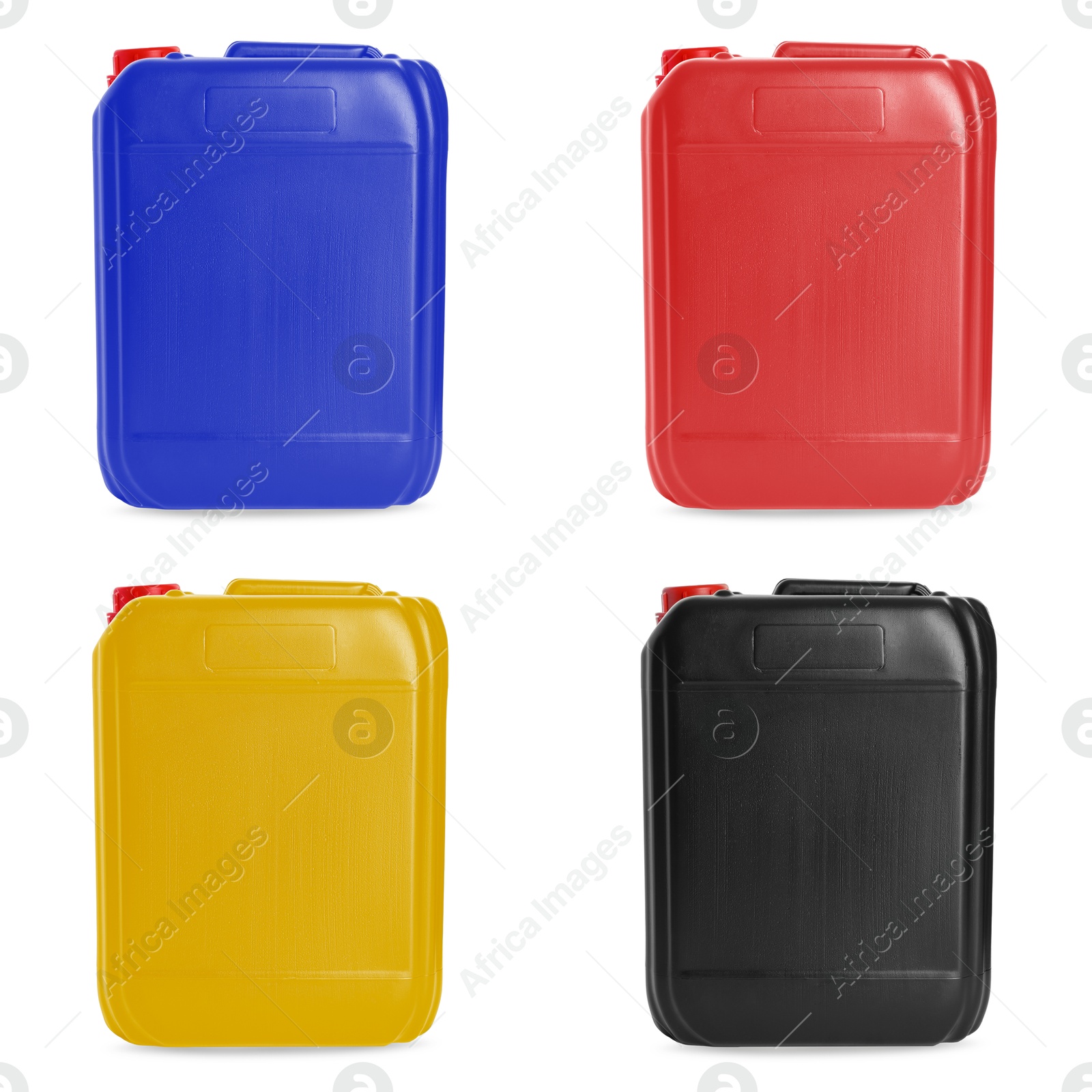 Plastic canisters in different colors isolated on white, set Image of Plastic canisters in different colors isolated on white, set