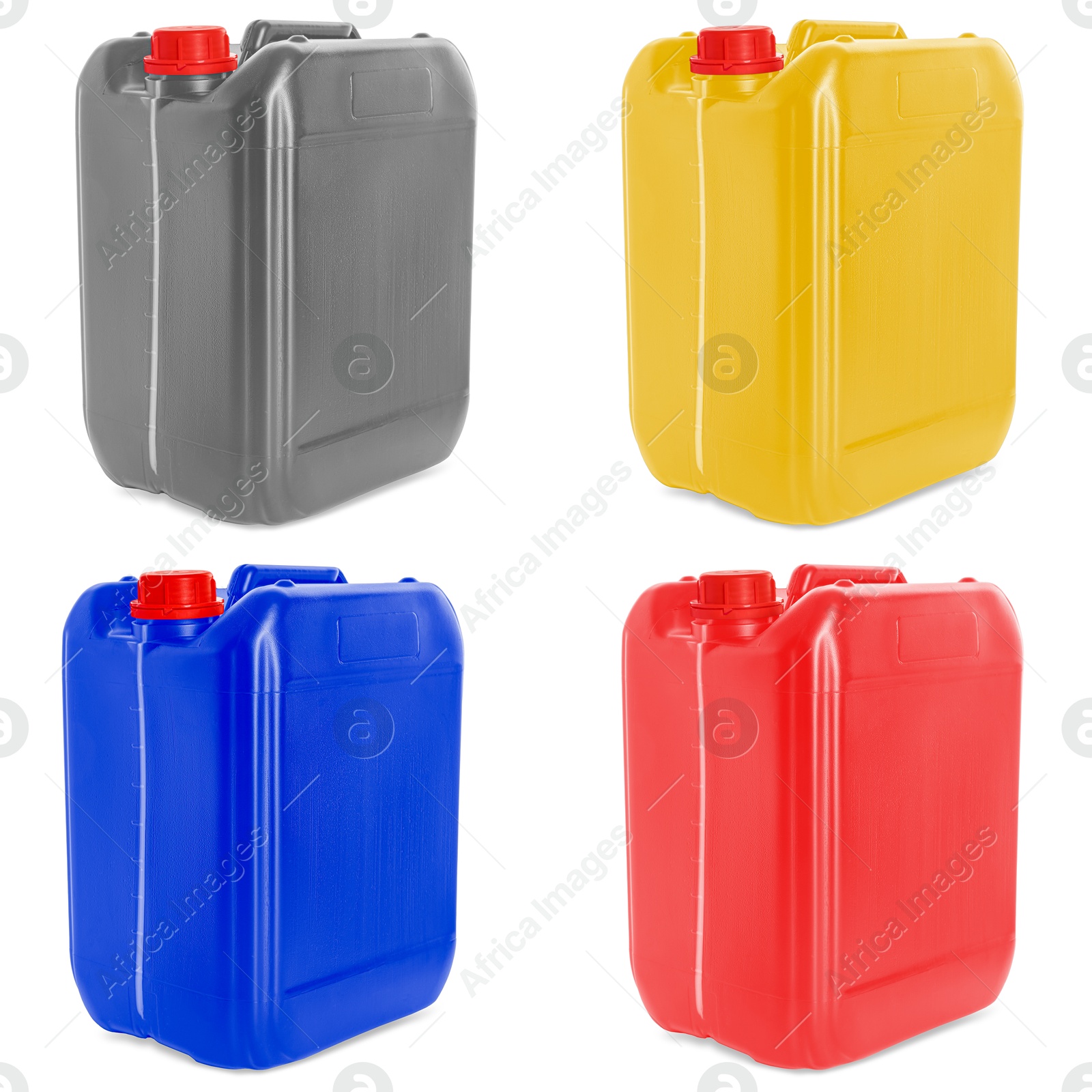 Plastic canisters in different colors isolated on white, set Image of Plastic canisters in different colors isolated on white, set
