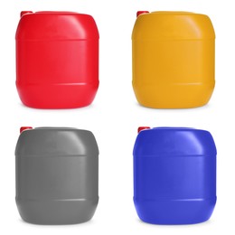 Image of Plastic canisters in different colors isolated on white, set