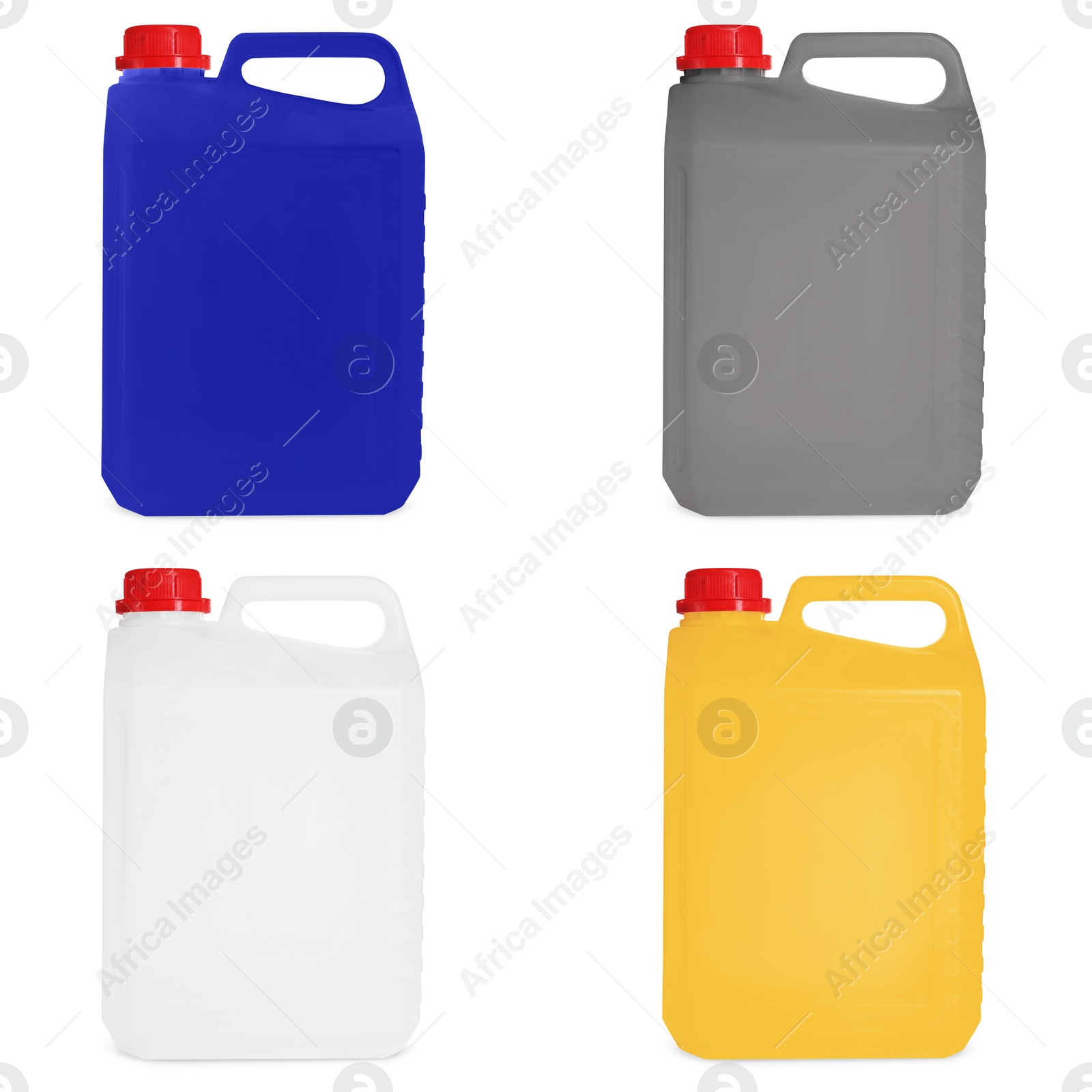 Plastic canisters in different colors isolated on white, set Image of Plastic canisters in different colors isolated on white, set