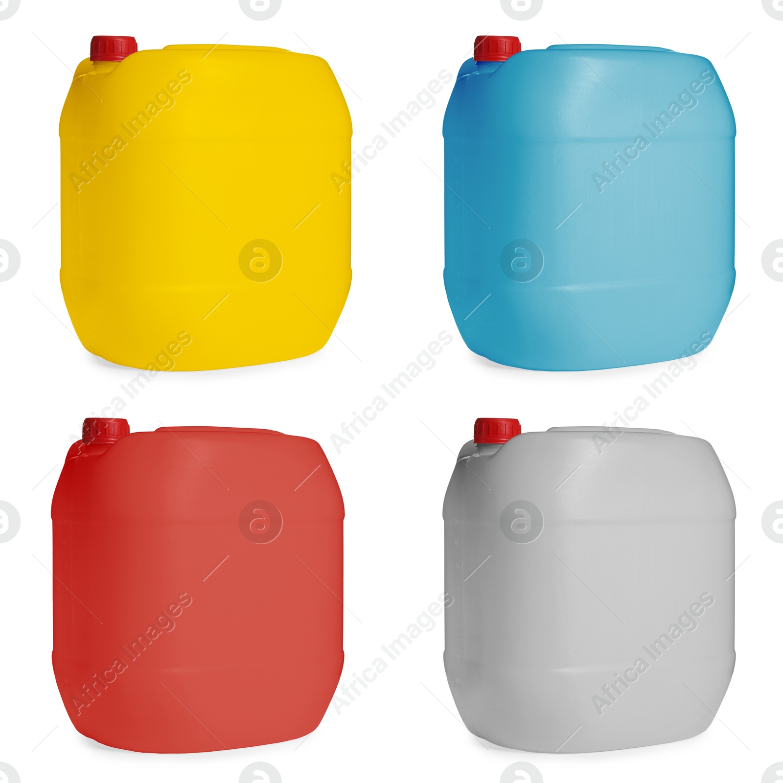 Plastic canisters in different colors isolated on white, set Image of Plastic canisters in different colors isolated on white, set