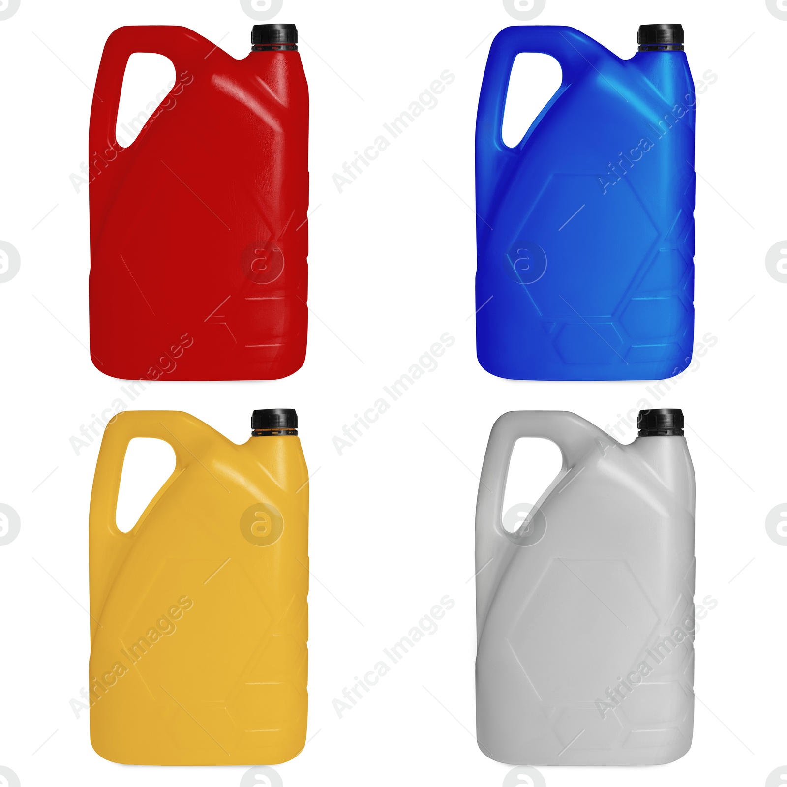 Plastic canisters in different colors isolated on white, set Image of Plastic canisters in different colors isolated on white, set