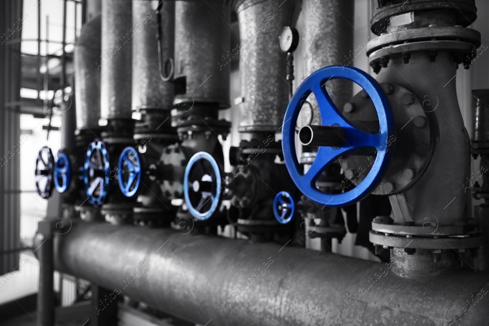Pump control valves at modern granary, closeup view Image of Pump control valves at modern granary, closeup view