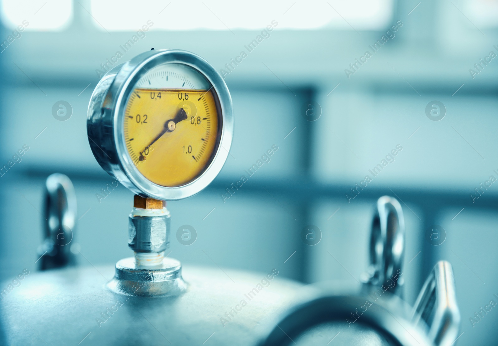 Pressure gauge at modern granary, closeup. Space for text Image of Pressure gauge at modern granary, closeup. Space for text