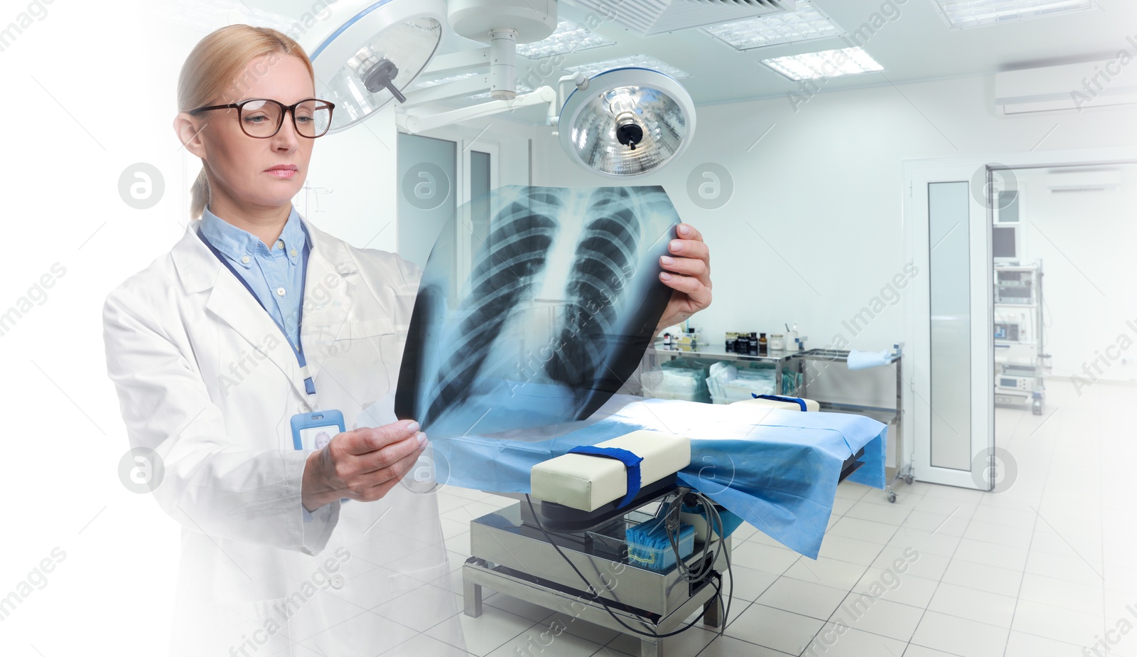 Doctor examining chest x-ray and surgery room, double exposure. Banner design Image of Doctor examining chest x-ray and surgery room, double exposure. Banner design