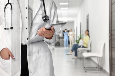 Image of Doctor with stethoscope and happ of hospital, double exposure