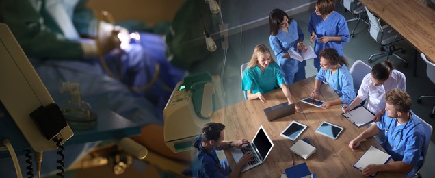 Image of Group of doctors and surgery room, double exposure. Banner design