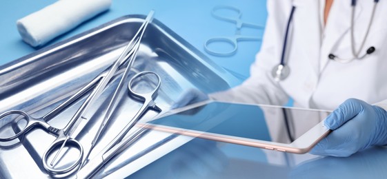 Image of Doctor with tablet computer and surgical tools, double exposure. Banner design