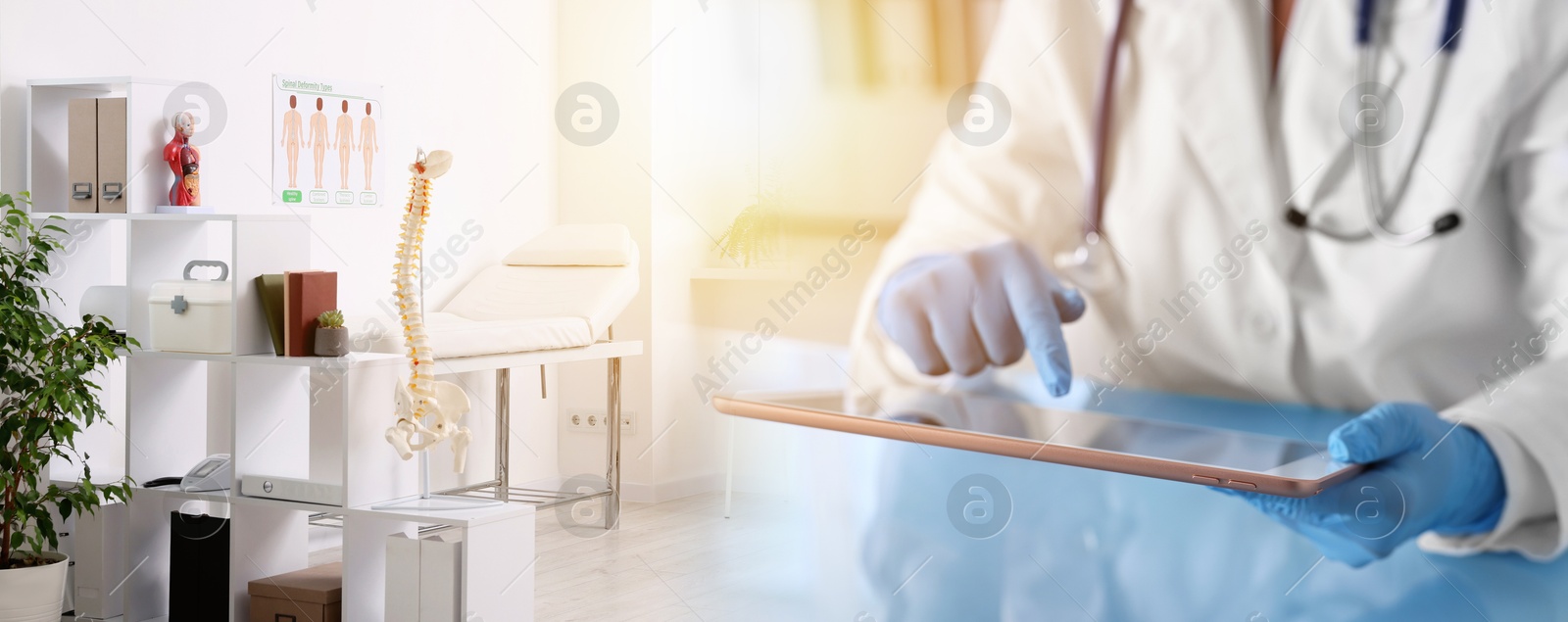 Doctor with tablet computer and medical office, double exposure. Banner design Image of Doctor with tablet computer and medical office, double exposure. Banner design