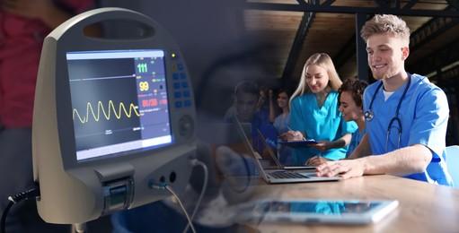Image of Group of doctors and medical heart rate monitor, double exposure. Banner design