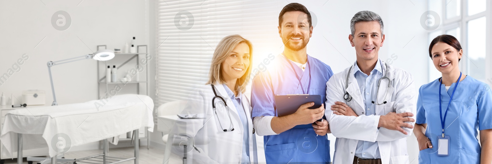 Group of doctors and medical office, double exposure. Banner design Image of Group of doctors and medical office, double exposure. Banner design