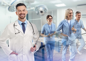Image of Group of doctors and surgery room, double exposure