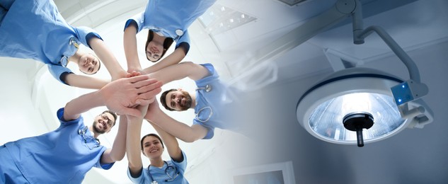 Image of Doctors holding hands together and lamp in surgery room, double exposure. Banner design