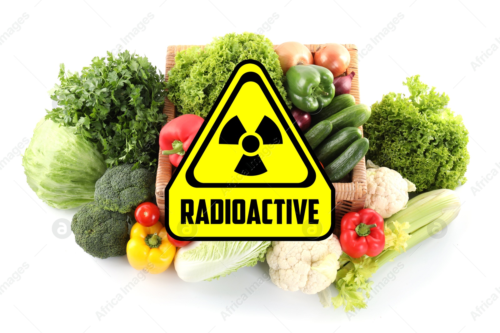Image of Fresh vegetables and radioactive sign on white background. Environmental contamination, polluted food