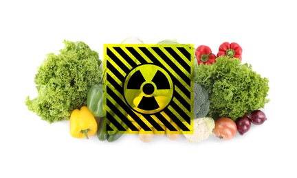 Image of Fresh vegetables and radioactive sign on white background. Environmental contamination, polluted food