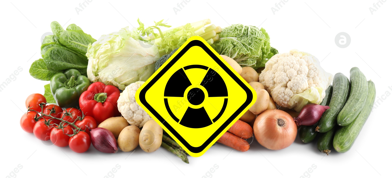 Image of Fresh vegetables and radioactive sign on white background. Environmental contamination, polluted food