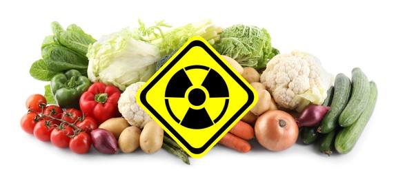Image of Fresh vegetables and radioactive sign on white background. Environmental contamination, polluted food