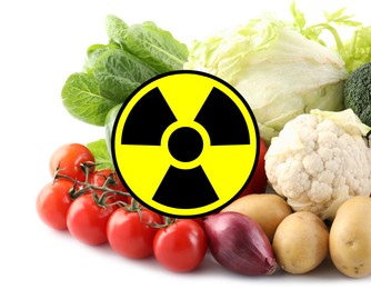Image of Fresh vegetables and radioactive sign on white background. Environmental contamination, polluted food