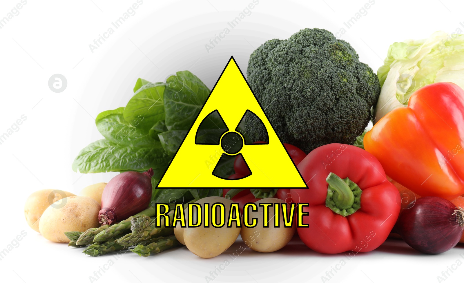 Image of Fresh vegetables and radioactive sign on white background. Environmental contamination, polluted food