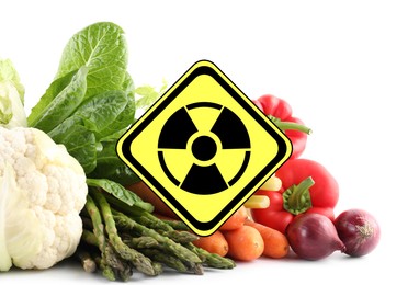 Image of Fresh vegetables and radioactive sign on white background. Environmental contamination, polluted food