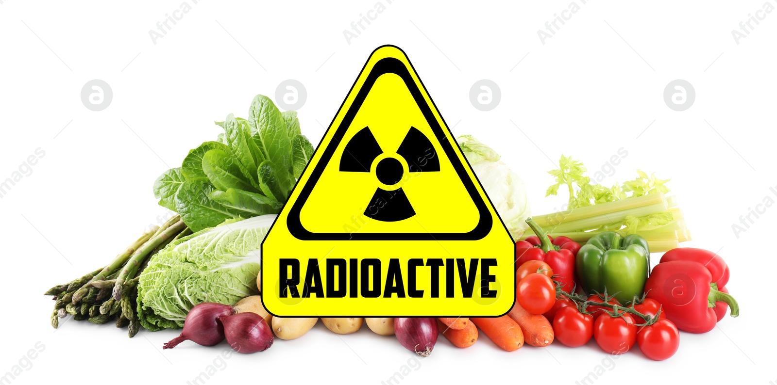 Image of Fresh vegetables and radioactive sign on white background. Environmental contamination, polluted food