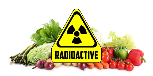 Image of Fresh vegetables and radioactive sign on white background. Environmental contamination, polluted food