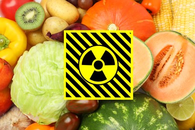 Image of Fresh vegetables, fruits and radioactive sign. Environmental contamination, polluted food